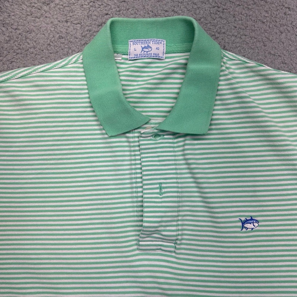 Southern Tide The Skipjack Mens Large Green Striped Polo Collared Golf Shirt - Picture 6 of 15